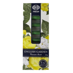 Box of 'English Garden' scented candles with floral design on a white background
