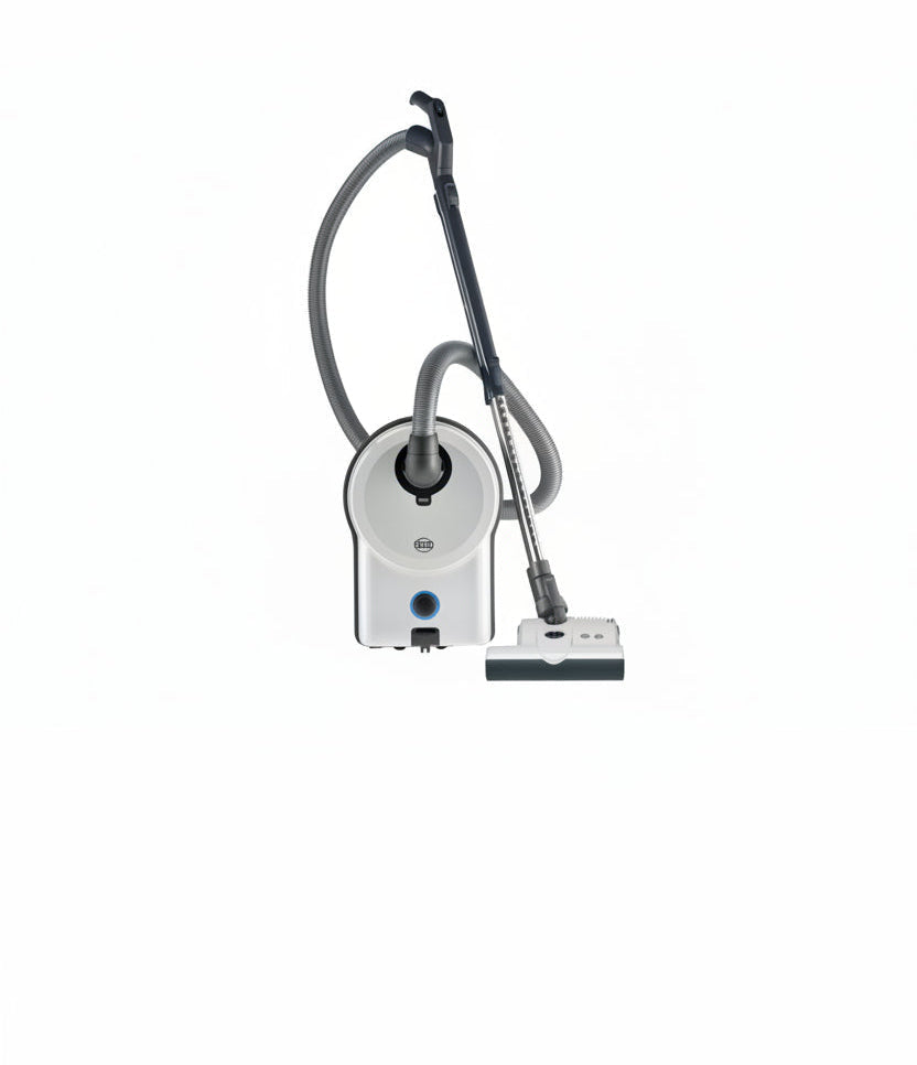SEBO AIRBELT D4 Premium White Canister Vacuum with a power cord, hose, and various on-board attachments.