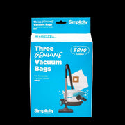 Packaging of three genuine vacuum bags for Simplicity Brio canister vacuum cleaner on a black background
