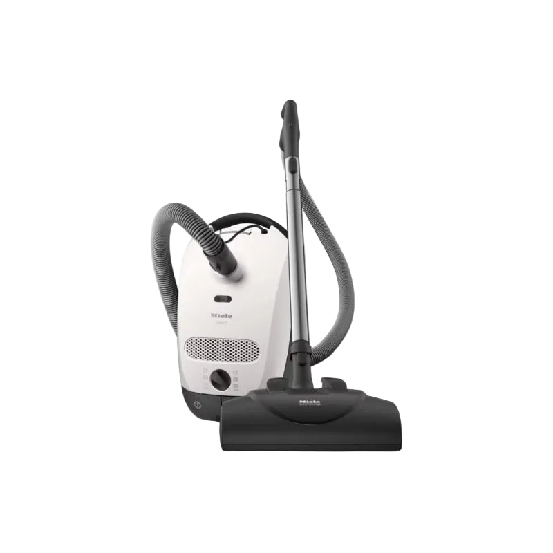 A Miele C1 Classic Cat & Dog canister vacuum with a white body, black floor brush, and gray telescopic wand.