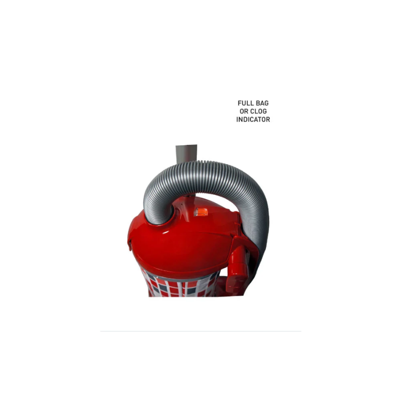 Red vacuum cleaner with a clear hose on a white background