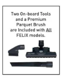 Advertisement for FELIX models with on-board tools and parquet brush included.