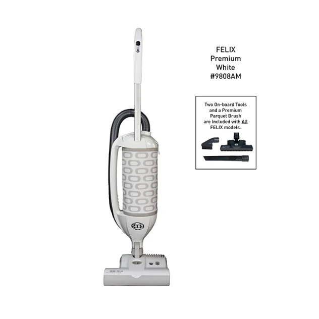 White vacuum cleaner with branding on a white background