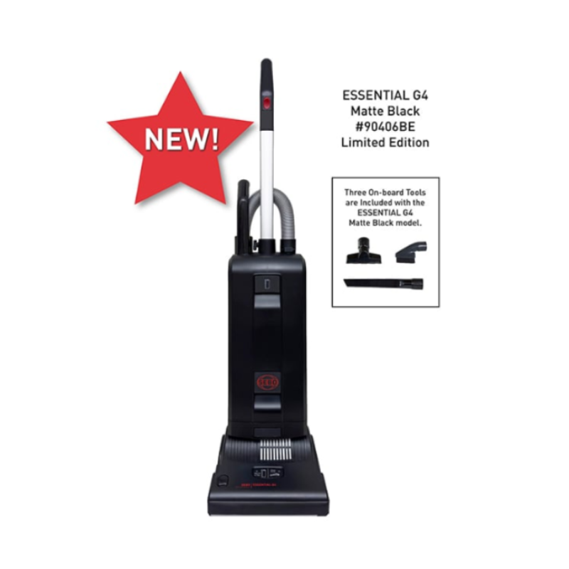 Black vacuum cleaner with a red 'NEW!' star on a white background