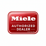 Red sign with 'Miele Authorized Dealer' text on a white background