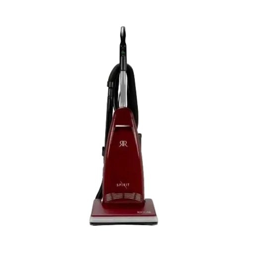 A red Riccar Spirit upright vacuum cleaner model R21 with a black cleaning wand and a white dirt bin.